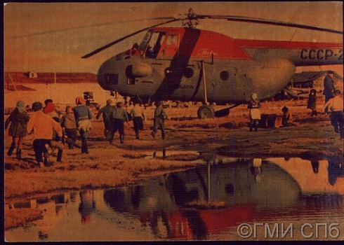 Sakhalin Island. A helicopter has arrived in the settlement of Rybnoye. 1967.