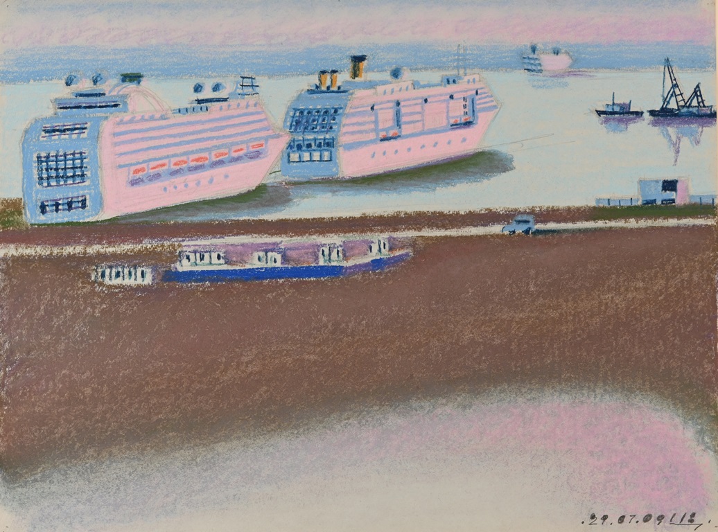 В. А. Цивин. 29.07.2009. Морской порт. Из серии "Вид из моего окна". Бумага серая, сухая пастель. 2009. ГМИ СПб.
