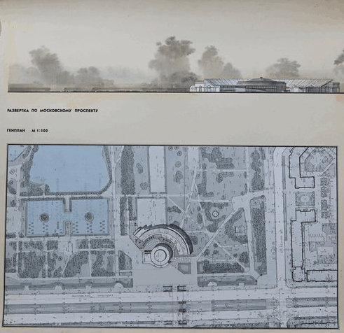  E.M.Rapoport. Project for a shopping and service center and memorial area near the Park Pobedy metro station. 1996