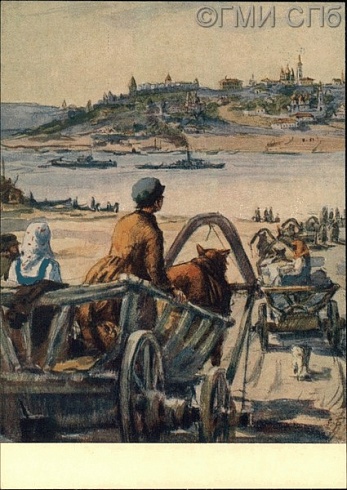 У парома. Иллюстрация к повести А. М. Горького "Трое". 1957